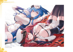 Rule 34 | 2girls, azur lane, bed sheet, between breasts, blue hair, blush, bow, breasts, buttons, capelet, chain, collar, covered navel, dress, elbow gloves, garter straps, gloves, hair bow, hair ornament, hands on own chest, hat, highres, honolulu (azur lane), large breasts, long hair, looking at viewer, lying, multiple girls, official art, on back, page number, panties, parted lips, peaked cap, purple eyes, red eyes, red hair, short dress, side ponytail, simple background, smile, st. louis (azur lane), strapless, strapless dress, thighhighs, twintails, underwear, watao