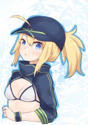 Rule 34 | 1girl, ahoge, artoria pendragon (fate), baseball cap, bikini, blonde hair, blue hat, blush, breasts, cleavage, closed mouth, commentary request, fate/grand order, fate (series), hair between eyes, hair through headwear, hat, high ponytail, i.u.y, long sleeves, mysterious heroine x (fate), mysterious heroine xx (fate), ponytail, shrug (clothing), sidelocks, small breasts, solo, swimsuit, upper body, white bikini, wristband