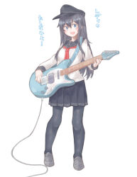 Rule 34 | 1girl, :d, akatsuki (kancolle), az toride, black hair, black hat, black pantyhose, black sailor collar, black skirt, blue eyes, electric guitar, flat cap, full body, grey footwear, guitar, hair between eyes, hat, holding, holding instrument, instrument, kantai collection, loafers, long hair, long sleeves, looking at viewer, open mouth, pantyhose, pleated skirt, sailor collar, shirt, shoes, simple background, skirt, smile, solo, translation request, very long hair, white background, white shirt