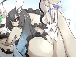Rule 34 | 1girl, abyssal ship, anchorage water oni, ass, black hair, breasts, cocktail glass, commentary request, cup, drinking glass, feet, flower, goma (gomasamune), hair between eyes, highres, horns, kantai collection, long hair, looking at viewer, looking back, lying, medium breasts, on stomach, panties, pantyshot, pillow, red eyes, sandals, solo, swimsuit, thighs, underwear