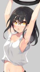 Rule 34 | 1girl, armpits, arms up, black hair, blush, commentary, crop top, exercise, grey background, highres, looking at viewer, medium hair, midriff, minamura haruki, navel, open mouth, original, outstretched arms, simple background, solo, steaming body, sweat, tank top, upper body, white tank top, yellow eyes