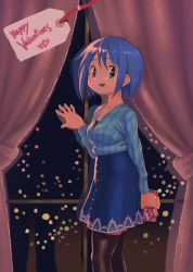 Rule 34 | argyle, argyle clothes, argyle sweater, black shirt, black thighhighs, blue eyes, blue hair, blue skirt, blue sweater, blush, box, collarbone, curtains, gift, gift box, gloamy, hair ornament, hairclip, hand on window, highres, holding, holding gift, long sleeves, looking at viewer, mahou shoujo madoka magica, mahou shoujo madoka magica (anime), miki sayaka, night, reflection, shirt, short hair, skirt, smile, sweater, swept bangs, thighhighs, thighs, valentine, window