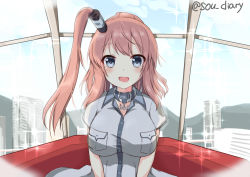 Rule 34 | 1girl, anchor, breast pocket, breasts, brown hair, cityscape, cowboy shot, dress, ferris wheel interior, grey dress, grey eyes, grey neckwear, hair between eyes, kantai collection, large breasts, looking at viewer, open mouth, pocket, ponytail, saratoga (kancolle), saratoga mk ii (kancolle), side ponytail, sidelocks, smile, smokestack, solo, sou (soutennkouchi)
