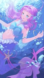 Rule 34 | 1girl, :d, air bubble, aqua shirt, bare shoulders, blue eyes, blunt bangs, blush, bracelet, breasts, bubble, commentary, fins, floating hair, frilled shirt, frills, hair intakes, hair ornament, head fins, highres, jewelry, laura (precure), long hair, medium breasts, mermaid, midriff, monster girl, multicolored shirt, navel, necklace, open mouth, pearl hair ornament, pink hair, precure, shirt, sidelocks, smile, solo, split tail, tropical-rouge! precure, underwater, yamabuki (yamabuki xxxxx)
