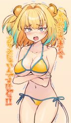 Rule 34 | + +, 1girl, arms under breasts, bad id, bad pixiv id, bare arms, bare shoulders, bikini, blonde hair, blue eyes, blue hair, blush, bombergirl, breasts, brown background, cleavage, collarbone, fang, hair ornament, halterneck, highres, honami (yths4221), large breasts, looking at viewer, multicolored hair, nose blush, open mouth, pine (bombergirl), side-tie bikini bottom, simple background, solo, streaked hair, string bikini, swimsuit, tears, translation request, trembling, two side up, yellow bikini