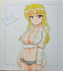 Rule 34 | 1girl, absurdres, black panties, blonde hair, blush, breasts, character name, cleavage, closed mouth, collarbone, covered erect nipples, dated, fate testarossa, gh9000, highres, large breasts, long hair, looking at viewer, lyrical nanoha, mahou shoujo lyrical nanoha strikers, navel, no bra, panties, red eyes, shirt, smile, solo, underwear, wet, wet clothes, wet shirt