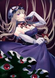 Rule 34 | 1girl, arm up, bare shoulders, blonde hair, blunt bangs, breasts, choker, cleavage, collarbone, commentary, corset, dress, elbow gloves, english commentary, frilled dress, frills, gap (touhou), gloves, hair ribbon, hand to own mouth, hat, hat ribbon, kapuchii, large breasts, light blush, lips, long hair, looking at viewer, mob cap, off-shoulder dress, off shoulder, purple background, purple dress, purple eyes, red choker, red eyes, red ribbon, ribbon, ribbon choker, sidelocks, signature, simple background, smile, solo, standing, touhou, tress ribbon, upper body, very long hair, white gloves, yakumo yukari
