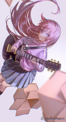 Rule 34 | 1girl, absurdres, black socks, blue skirt, bocchi the rock!, box, breasts, closed mouth, cocona w, cube hair ornament, gotoh hitori, guitar, hair between eyes, hair ornament, hands up, highres, holding, holding instrument, instrument, jacket, long hair, long sleeves, looking at viewer, medium breasts, music, pink hair, pink jacket, playing instrument, pleated skirt, puffy long sleeves, puffy sleeves, purple background, purple eyes, sidelocks, simple background, skirt, socks, solo, standing, track jacket