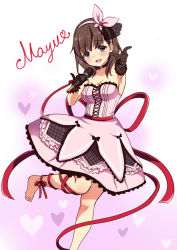 Rule 34 | 10s, 1girl, ankle lace-up, ankle ribbon, barefoot, blue eyes, blush, breasts, brown hair, character name, choker, cleavage, cross-laced footwear, cursive, dress, frilled dress, frills, hair ribbon, hairband, heart, heart background, idolmaster, idolmaster cinderella girls, leg ribbon, looking at viewer, medium breasts, microphone, namco, open mouth, pink background, pink dress, red ribbon, ribbon, sakuma mayu, short hair, smile, solo, tottoto tomekichi, white background