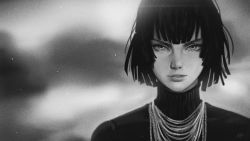 Rule 34 | 1girl, absurdres, dress, eyelashes, fubuki (one-punch man), greyscale, high collar, highres, jewelry, lips, looking at viewer, monochrome, necklace, one-punch man, parted lips, portrait, realistic, short hair, solo, steamy tomato, teeth, turtleneck, turtleneck dress