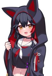 Rule 34 | 1girl, :d, absurdres, animal hood, black choker, black hair, blush, brown eyes, choker, deaver, floral print, highres, hololive, hood, hooded jacket, jacket, looking at viewer, multicolored hair, navel, neckerchief, ookami mio, ookami mio (another ookami mio), open clothes, open jacket, open mouth, red hair, sailor collar, simple background, smile, solo, stomach, streaked hair, two-sided fabric, two-tone neckerchief, upper body, virtual youtuber, white background, white sailor collar