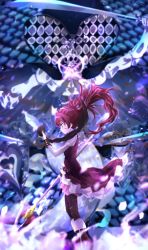 Rule 34 | abstract, boots, detached sleeves, dress, glowing, hair down, heart, highres, holding, holding polearm, holding sword, holding weapon, injury, magical girl, mahou shoujo madoka magica, oktavia von seckendorff, polearm, red dress, sakura kyoko, sengoku chidori, signature, soul gem, sword, torn clothes, weapon, wind, wind lift, witch&#039;s labyrinth, witch (madoka magica)