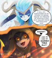 Rule 34 | 1girl, 2koma, :d, alternate costume, artist name, closed eyes, comic, embers, english text, highres, league of legends, lillia (league of legends), long hair, nightbringer lillia, odeko yma, official alternate costume, open mouth, portrait, red eyes, smile, speech bubble, teeth, tongue, upper teeth only, watermark, white hair