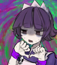 Rule 34 | 1girl, artist request, bags under eyes, furrowed brow, futaba channel, hands up, highres, maid, maid headdress, nijiura maids, open mouth, pill, purple eyes, purple hair, shaded face, short hair, skull, solo, upper body, wrist cuffs, yakui