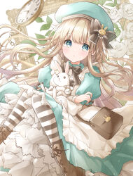 Rule 34 | 1girl, :o, bag, beret, black bow, black thighhighs, blush, boots, bow, bowtie, brown bag, brown footwear, chain, clock, collared dress, dress, flower, frilled dress, frills, green dress, green eyes, green hat, hair bow, hair over shoulder, handbag, hat, highres, hoshiibara mato, light brown hair, light particles, long hair, open mouth, original, picture frame, pinafore dress, plant, puffy short sleeves, puffy sleeves, rabbit, rose, short sleeves, sidelocks, sitting, sleeveless, sleeveless dress, striped clothes, striped thighhighs, thighhighs, white flower, white rose, white thighhighs
