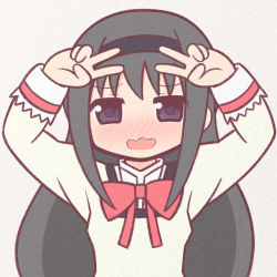 Rule 34 | 1girl, akemi homura, arms up, beige background, beige vest, black hair, blush, bow, bowtie, collared shirt, commentary request, double v, hair between eyes, hair ornament, hairband, long hair, long sleeves, mahou shoujo madoka magica, mahou shoujo madoka magica (anime), mitakihara school uniform, no nose, outline, purple eyes, purple hairband, red bow, red outline, school uniform, shirt, sidelocks, simple background, solo, upper body, v, vest, wavy mouth, white shirt, yuno385