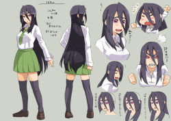 Rule 34 | 1girl, angry, black thighhighs, blush, character sheet, closed eyes, female focus, long hair, necktie, open mouth, original, purple eyes, purple hair, school uniform, shoes, simple background, skirt, smile, takao (yuuki maya), thighhighs, uniform, yuuki maya