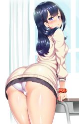 Rule 34 |  support, ass, black skirt, blue hair, breasts, cardigan, closed mouth, commentary request, curtains, desk, from behind, gridman universe, highres, indoors, kawase seiki, leaning forward, leaning on object, legs together, long hair, long sleeves, looking at viewer, looking back, medium breasts, microskirt, miniskirt, panties, pleated skirt, purple eyes, red scrunchie, revision, school desk, school uniform, scrunchie, shiny skin, skirt, solo, ssss.gridman, standing, sweatdrop, table, takarada rikka, thighs, underwear, white panties, window, wrist scrunchie