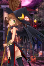Rule 34 | 1990s (style), 1girl, :o, ass, bare shoulders, black hat, blush, boots, broom, brown hair, cardcaptor sakura, child, crescent, demon tail, flat chest, green eyes, halloween, hat, jack-o&#039;-lantern, kinomoto sakura, leotard, looking at viewer, mutsuki (moonknives), no panties, pumpkin, retro artstyle, short hair, solo, star (symbol), tail, thigh boots, thighhighs, wings, witch, witch hat
