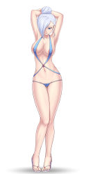 Rule 34 | 1girl, areola slip, armpits, arms behind head, bikini, blue eyes, breasts, contrapposto, gluteal fold, hair bun, hair over one eye, high heels, highres, looking at viewer, medium breasts, navel, one eye covered, reit, rwby, short hair, single hair bun, slingshot swimsuit, swimsuit, thigh gap, thighs, white background, white hair, winter schnee