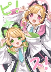 Rule 34 | 2girls, 3znk, absurdres, animal ear headphones, animal ears, blonde hair, blue archive, blue necktie, blush, bow, cat ear headphones, double v, fake animal ears, green bow, green eyes, halo, headphones, highres, jacket, midori (blue archive), momoi (blue archive), multiple girls, necktie, open clothes, open jacket, open mouth, red bow, school uniform, shirt, siblings, sisters, smile, teeth, twins, upper teeth only, v, white shirt