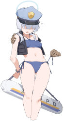 Rule 34 | !?, 1girl, bikini, black jacket, blindfold, blue archive, blue bikini, blue halo, blue hat, bound, breasts, commentary request, cropped jacket, cropped legs, crossed bangs, disembodied limb, flak jacket, grey hair, hair between eyes, hair over eyes, halo, hand on another&#039;s arm, hat, highres, jacket, looking down, makkurourufu, open clothes, open jacket, open mouth, peaked cap, police hat, restrained, side-tie bikini bottom, simple background, small breasts, solo, swimsuit, twintails, undressing another, valkyrie police academy student (blue archive), white background