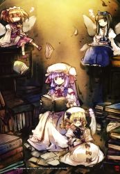 Rule 34 | 4girls, absurdres, bespectacled, blonde hair, book, bow, brown eyes, brown hair, capelet, crescent, cup, closed eyes, fairy wings, female focus, glasses, hair bow, hat, highres, long hair, long skirt, long sleeves, luna child, multiple girls, open mouth, patchouli knowledge, plate, puffy sleeves, purple eyes, purple hair, red eyes, scan, short hair, sitting, skirt, sleeping, smile, star sapphire, sunny milk, teacup, tokiame, touhou, twintails, wide sleeves, wings, wink