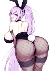 Rule 34 | 1girl, animal ears, bare shoulders, bent over, black hairband, black leotard, black pantyhose, blue eyes, blush, breasts, fake animal ears, fishnet pantyhose, fishnets, foxykuro, from behind, hairband, highres, kurona reole, large breasts, leotard, long hair, looking at viewer, looking back, open mouth, original, pantyhose, playboy bunny, ponytail, purple hair, rabbit ears, simple background, thighs, very long hair, white background
