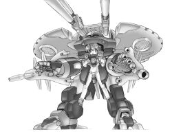 Rule 34 | 1girl, bikini, cannon, destroy gundam, full body, greyscale, groin, gundam, gundam seed, gundam seed destiny, hair between eyes, headgear, highres, humanization, legs apart, mecha musume, monochrome, navel, open mouth, outstretched arms, shinjou satomi, short hair, simple background, solo, standing, swimsuit, white background