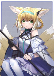 Rule 34 | 1girl, absurdres, animal ear fluff, animal ears, arknights, bare shoulders, black collar, black gloves, blonde hair, blue hairband, braid, braided hair rings, chinese commentary, closed mouth, clothing cutout, collar, commentary request, dress, earpiece, fox ears, fox girl, fox tail, frilled sleeves, frills, gloves, green eyes, hair between eyes, hair rings, hairband, highres, holding, holding staff, infection monitor (arknights), kitsune, kyuubi, looking at viewer, multicolored hair, multiple tails, pantyhose, purple dress, sao7, short hair, short sleeves, shoulder cutout, single glove, single wrist cuff, sitting, smile, solo, staff, suzuran (arknights), tail, two-tone hair, white hair, white pantyhose, wrist cuffs