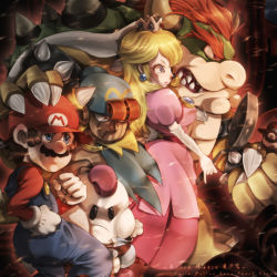 Rule 34 | &gt;:/, 1girl, 4boys, :/, blonde hair, blue eyes, bowser, brown hair, character name, claws, clenched hands, closed mouth, copyright name, crown, dress, earrings, facial hair, famiri, fighting stance, from side, frying pan, geno (mario), hand on another&#039;s head, hat, holding, horns, jewelry, long hair, long sleeves, looking afar, mallow (mario), mario, mario (series), multiple boys, mustache, nintendo, overalls, pink dress, princess peach, puffy short sleeves, puffy sleeves, puppet, red eyes, serious, sharp teeth, short hair, short sleeves, spikes, super mario rpg, teeth, v-shaped eyebrows