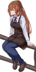 Rule 34 | 1girl, 3 small spiders, absurdres, apron, arm support, blue pants, blush, brown apron, brown footwear, brown hair, collared shirt, commentary request, girls&#039; frontline, green eyes, hair between eyes, hair ribbon, high ponytail, highres, long hair, pants, railing, ribbon, shirt, sitting, smile, springfield (girls&#039; frontline), striped neckwear, white background, white shirt