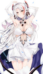 Rule 34 | 1girl, antenna hair, armpits, arms up, asm ln, azur lane, blush, breasts, bridal gauntlets, bridal veil, brown eyes, cleavage, collarbone, covered navel, dress, floating hair, garter straps, hair between eyes, head tilt, headgear, heart, heart-shaped pupils, highres, large breasts, long hair, looking at viewer, mole, mole on breast, open mouth, prinz eugen (azur lane), prinz eugen (symphonic fate) (azur lane), red hair, see-through, silver hair, simple background, solo, standing, swept bangs, symbol-shaped pupils, thighhighs, two side up, veil, very long hair, wedding dress, white background, white dress, white thighhighs