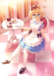 Rule 34 | 1girl, :d, apron, black-framed eyewear, blonde hair, blue dress, blue eyes, blush, bow, checkered floor, chest of drawers, cookie, copyright request, cup, dress, food, frilled apron, frills, gamepot, glasses, hair bow, hairband, kurage (kurakurapix), mary janes, open mouth, pantyhose, plate, puffy sleeves, shoes, short sleeves, sitting, smile, solo, table, teacup, teapot, white pantyhose