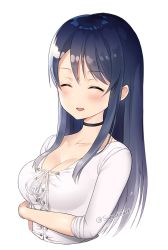 Rule 34 | 1girl, arm across waist, black choker, blue hair, blush, breasts, choker, cleavage, closed eyes, collarbone, cross-laced clothes, facing viewer, long hair, long sleeves, medium breasts, open mouth, real life, shirt, simple background, sleeves rolled up, smile, solo, sunako (veera), twitter username, upper body, white background, white shirt