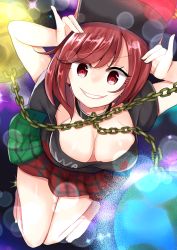 Rule 34 | 1girl, bare legs, barefoot, breasts, chain, choker, cleavage, clothes writing, downblouse, earth (ornament), grin, hecatia lapislazuli, highres, large breasts, looking at viewer, mimoto (aszxdfcv), miniskirt, moon (ornament), multicolored clothes, multicolored skirt, plaid, plaid skirt, red eyes, red hair, short hair, skirt, smile, solo, sparkle, touhou