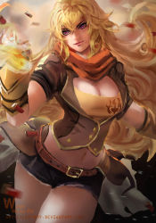 Rule 34 | 1girl, ahoge, artist name, belt, black gloves, black shorts, blonde hair, breasts, brown jacket, buckle, cleavage, commentary, deviantart username, ember celica (rwby), english commentary, fingerless gauntlets, fingerless gloves, fire, gloves, gun, jacket, large breasts, lee989y, long hair, midriff, navel, orange scarf, puffy short sleeves, puffy sleeves, purple eyes, realistic, rwby, scarf, shell casing, shirt, short sleeves, shorts, shotgun, shotgun shell, signature, solo, strapless, tube top, vambraces, waist cape, wavy hair, weapon, wrist gun, yang xiao long, yellow shirt