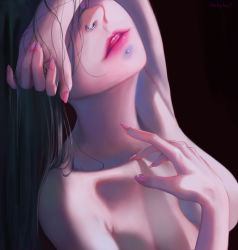 Rule 34 | 1girl, absurdres, artist name, black hair, breasts, collarbone, commentary request, covering own eyes, fingernails, highres, huge filesize, lips, long hair, medium breasts, nail polish, nekobell, nose piercing, nose ring, nude, original, piercing, pink nails, solo, teeth, upper teeth only