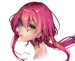 Rule 34 | 1girl, 2016, akimaro (apple-sower), artist name, cropped neck, dated, eyelashes, floating hair, from side, green eyes, hair between eyes, highres, lips, long hair, looking at viewer, looking to the side, pink hair, portrait, shione lt, simple background, solo, utau, white background