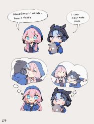 Rule 34 | 2girls, arknights, blue eyes, blue hair, blue jacket, blue poison (arknights), blush, chibi, english text, glaucus (arknights), hair between eyes, hand up, highres, holding, holding tablet pc, hood, hood up, hooded jacket, how i taste (meme), imagining, jacket, kiss, long hair, long sleeves, low twintails, meme, multicolored hair, multiple girls, numbered, open clothes, open jacket, pink hair, ruri (dailybloopy), speech bubble, tablet pc, twintails, yuri