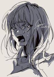 Rule 34 | 1girl, artist name, crying, crying with eyes open, fang, girls band cry, greyscale, highres, kawaragi momoka, long hair, monochrome, open mouth, sobbing, solo, supercurry, tears, upper body