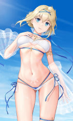 Rule 34 | 1girl, absurdres, aqua eyes, armlet, azur lane, bare shoulders, bikini, blonde hair, blue choker, blue ribbon, blue sky, breasts, choker, cross, cross choker, day, detached sleeves, gluteal fold, hair bun, hand on own chest, highres, jeanne d&#039;arc (azur lane), jeanne d&#039;arc (saintess of the sea) (azur lane), kep (ahokep), looking at viewer, medium breasts, navel, official alternate costume, outdoors, parted lips, pubic tattoo, ribbon, see-through, short hair, short sleeves, side-tie bikini bottom, single hair bun, skindentation, sky, smile, solo, stomach, swimsuit, tattoo, thigh strap, underboob, white bikini
