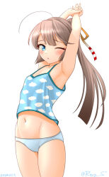 Rule 34 | 1girl, arms up, blue camisole, blue eyes, breasts, brown hair, camisole, cloud print, commentary request, cowboy shot, hair ribbon, kantai collection, kazagumo (kancolle), long hair, navel, one-hour drawing challenge, one eye closed, panties, ponytail, ray.s, ribbon, small breasts, solo, stretching, underwear, white panties