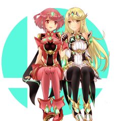 Rule 34 | 2girls, bare shoulders, black gloves, blonde hair, breasts, chest jewel, dress, elbow gloves, fingerless gloves, gloves, highres, large breasts, long hair, multiple girls, mythra (massive melee) (xenoblade), mythra (xenoblade), nintendo, pantyhose, pyra (xenoblade), red eyes, red hair, red shorts, shiroxai, short dress, short hair, short shorts, shorts, super smash bros., swept bangs, very long hair, white dress, white gloves, xenoblade chronicles (series), xenoblade chronicles 2, yellow eyes