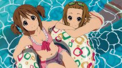 Rule 34 | 2girls, afloat, alternate hairstyle, artist request, bikini, bikini skirt, breasts, cleavage, frilled bikini, frills, from above, goggles, goggles on head, highres, hirasawa yui, innertube, k-on!, light smile, looking at viewer, looking up, multiple girls, official art, pink bikini, short twintails, small breasts, striped bikini, striped clothes, swim ring, swimsuit, tainaka ritsu, twintails, water