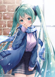 Rule 34 | 1girl, ahoge, aqua eyes, aqua hair, blue coat, blue scarf, blush, breasts, coat, cowboy shot, green eyes, green hair, hatsune miku, long hair, long sleeves, looking at viewer, lunacle, medium breasts, miniskirt, open clothes, outdoors, plaid, plaid skirt, scarf, skirt, sleeves past wrists, smile, snowing, solo, standing, twintails, very long hair, vocaloid