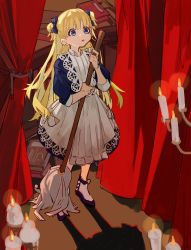 Rule 34 | 1girl, :o, absurdres, blonde hair, blue bow, blue eyes, book, bow, broom, candle, emilico (shadows house), hair bow, highres, holding, holding broom, kurattes, long hair, shadow, shadows house, solo, stage curtains