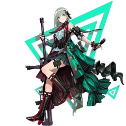 Rule 34 | 1girl, black footwear, black gloves, blush, boots, closed mouth, earrings, fingerless gloves, full body, girls&#039; frontline, gloves, green eyes, grey hair, gun, high heel boots, high heels, holding, holding gun, holding microphone, holding weapon, infukun, jewelry, js05 (girls&#039; frontline), js05 (swansong) (girls&#039; frontline), knee boots, looking at viewer, microphone, official alternate costume, official art, short hair, smile, solo, transparent background, weapon