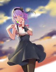 Rule 34 | 10s, 1girl, absurdres, bad id, bad pixiv id, black pantyhose, blue eyes, breasts, candy, dagashi kashi, food, hand on own face, high-waist skirt, highres, large breasts, lollipop, md5 mismatch, nail polish, pantyhose, purple hair, shidare hotaru, short hair, skirt, sleeveless, solo, suspender skirt, suspenders, tongue, tongue out, underbust, zhano kun