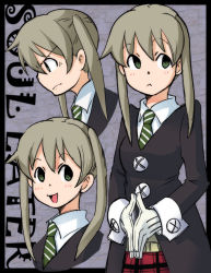 Rule 34 | 1girl, brown hair, closed mouth, gloves, graphite (medium), green eyes, hakkatou, long hair, looking at viewer, maka albarn, necktie, school uniform, skirt, smile, solo, soul eater, traditional media, twintails
